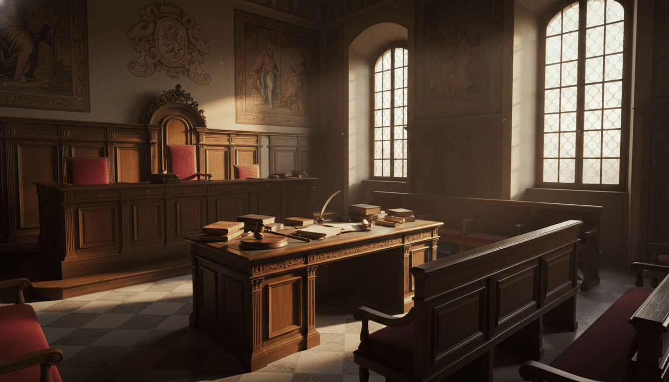 Intérieur d'un tribunal italien avec un bureau de juge vide