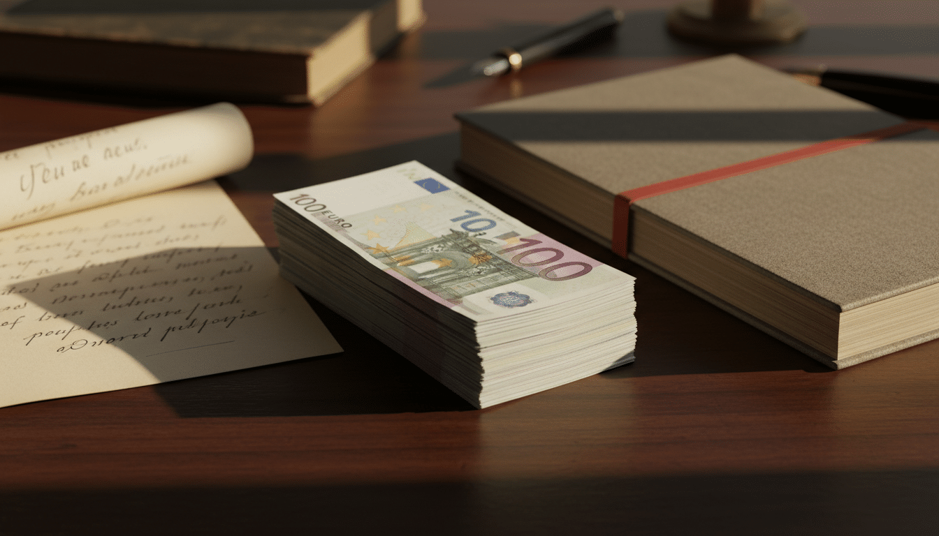 Billets de 100 euros posés près d'un testament manuscrit
