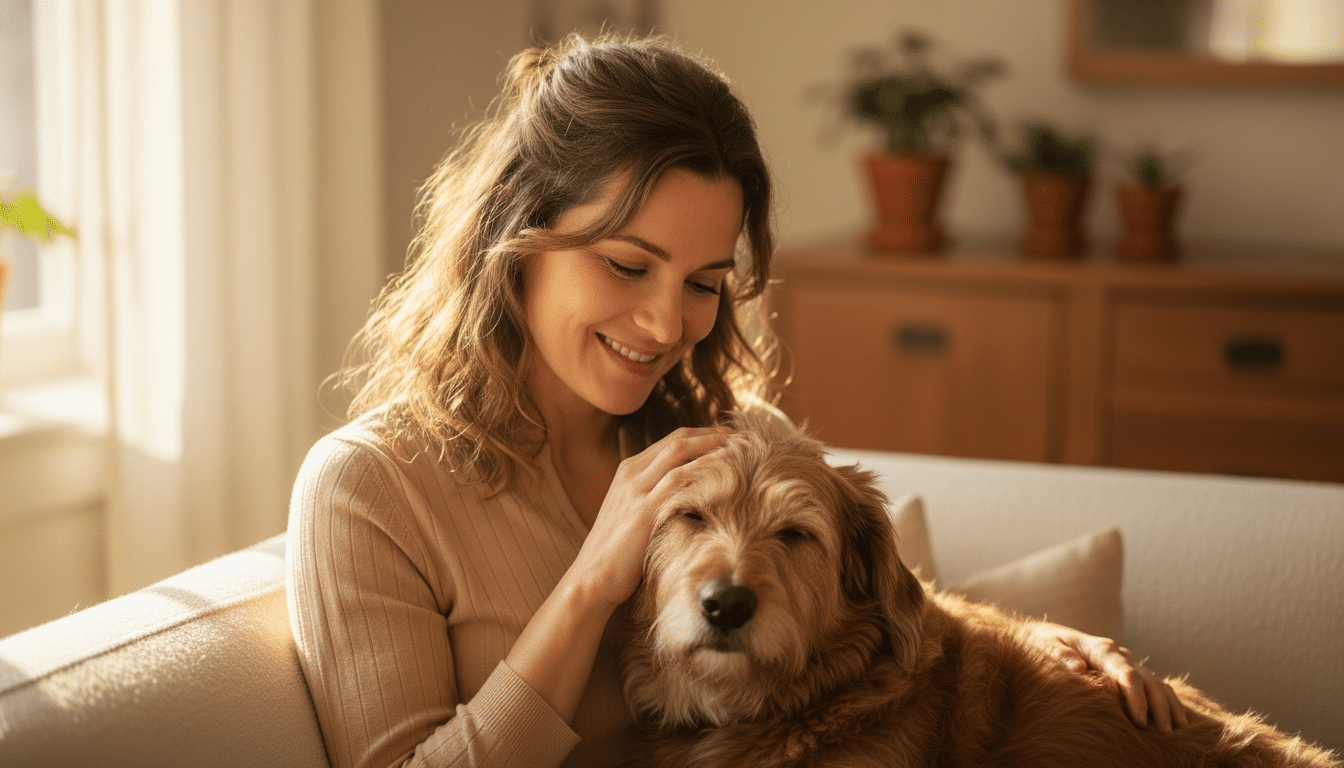 Femme souriante qui caresse sa chienne sur un canapé