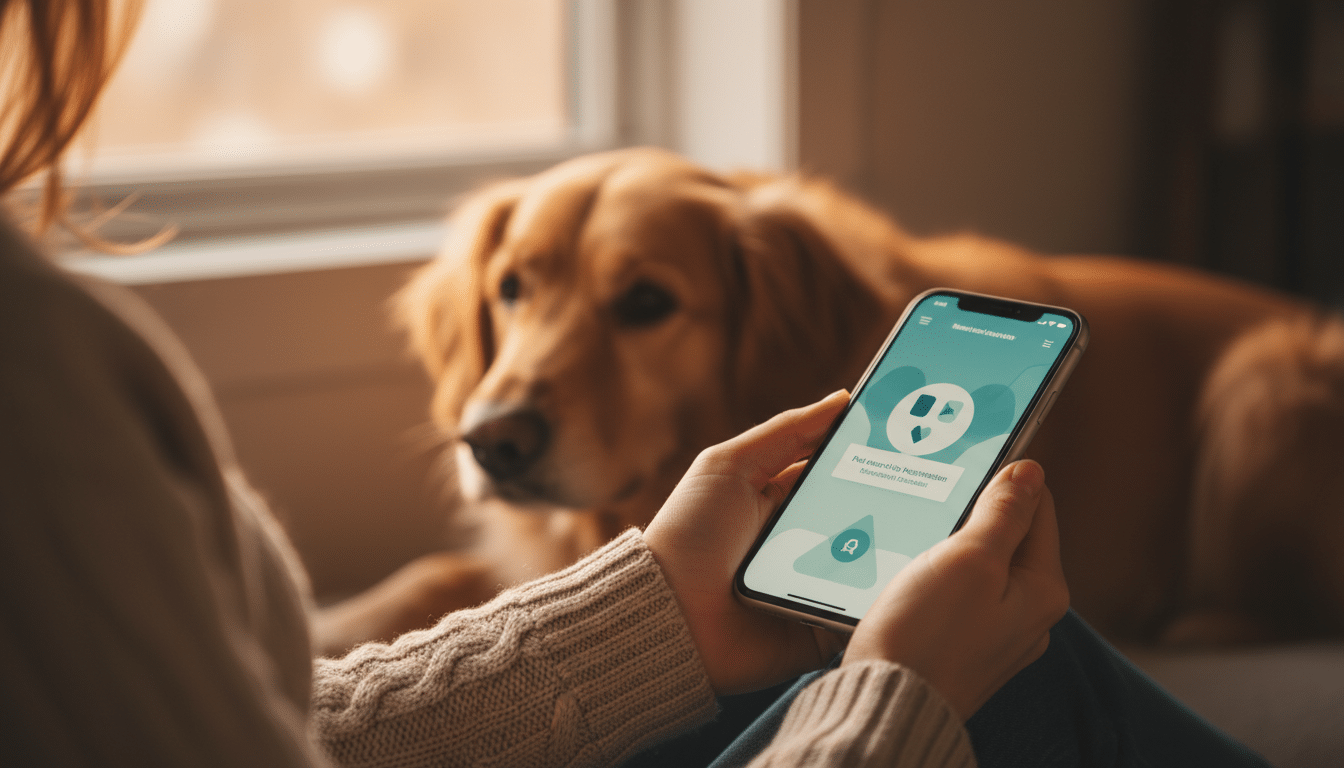 Femme consultant la puce électronique de son chien sur smartphone
