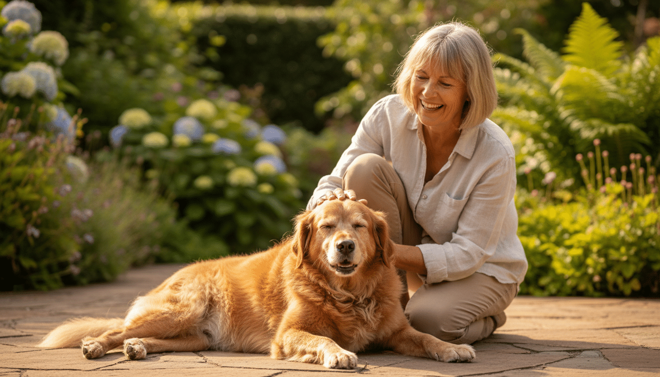 Chienne senior heureuse dans un jardin ensoleillé