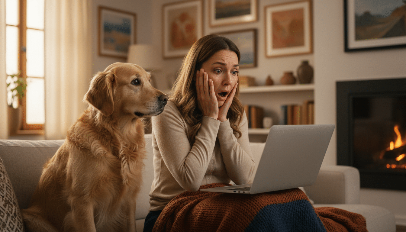 Femme surprise devant son écran avec son chien à côté