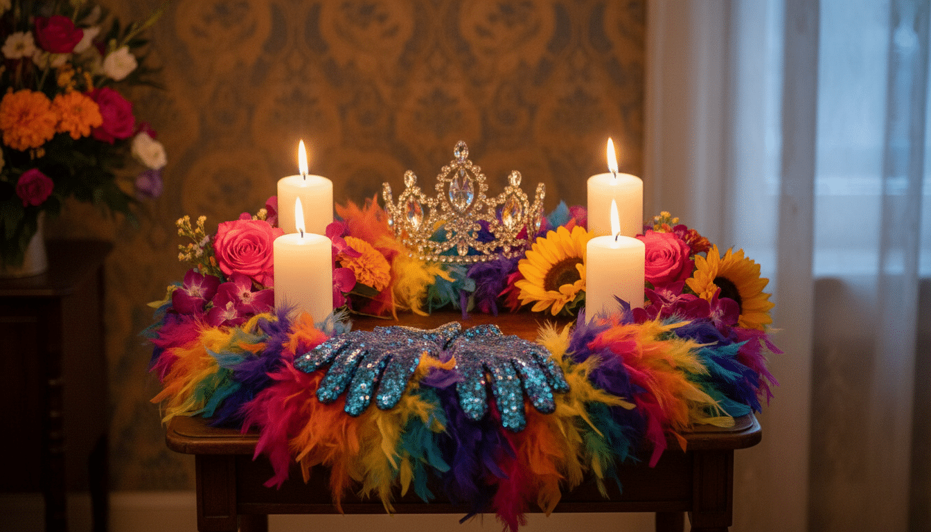Accessoires de drag queen disposés en hommage funèbre avec des bougies et des fleurs, symbolisant la perte d'une artiste