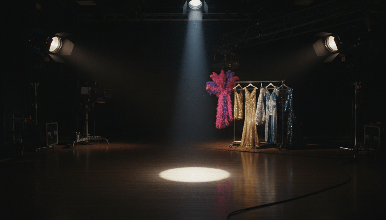 Plateau de tournage vide avec un projecteur solitaire éclairant un espace vacant, costumes de drag en arrière-plan