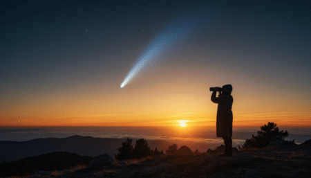 Astronome observant la comète C/2025 R3 à l'aube