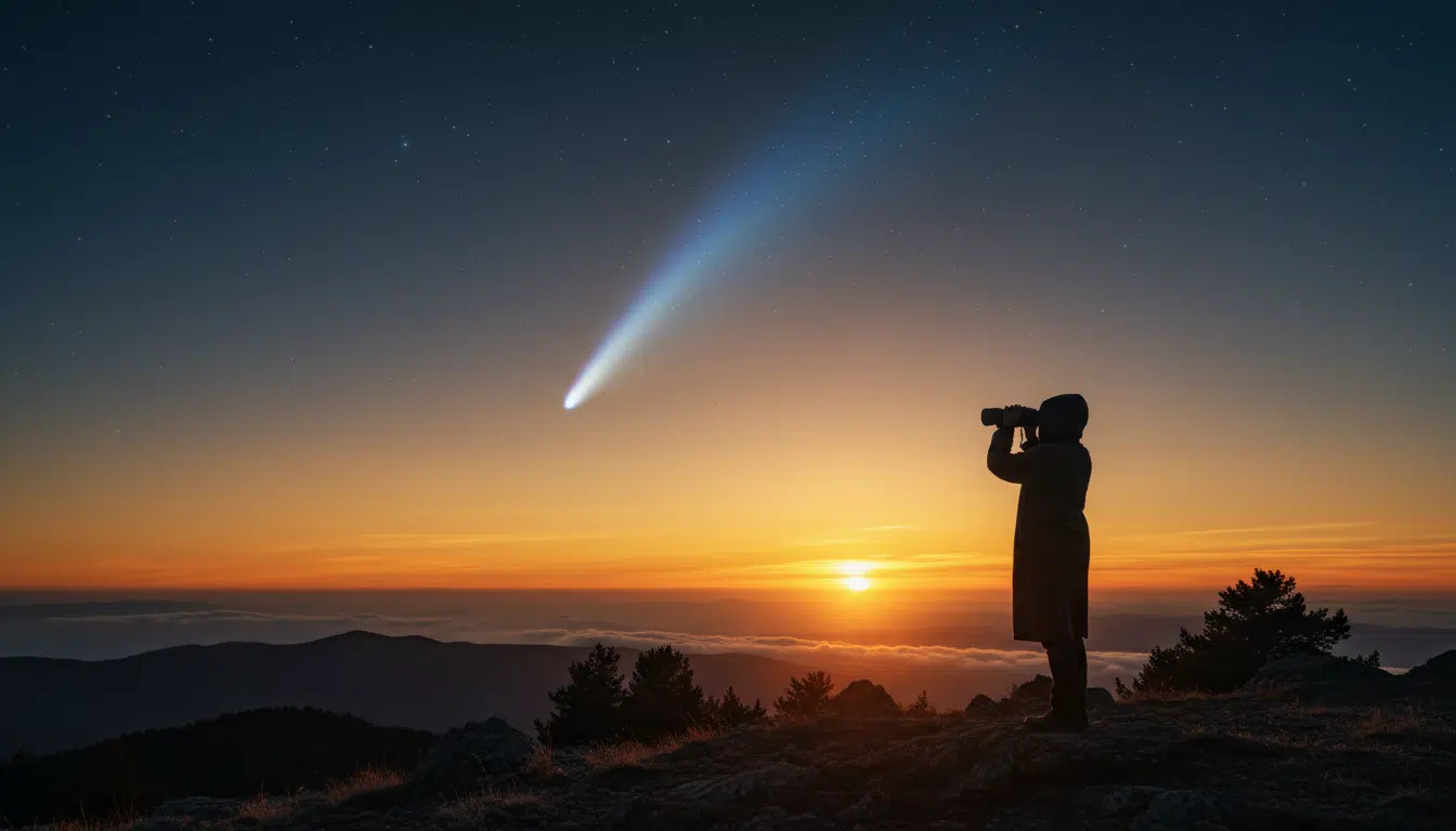 Astronome observant la comète C/2025 R3 à l'aube