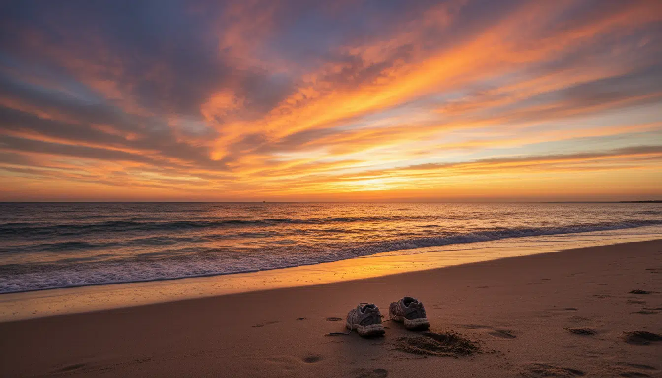 Plage déserte de Vendres au coucher du soleil dans l'Hérault
