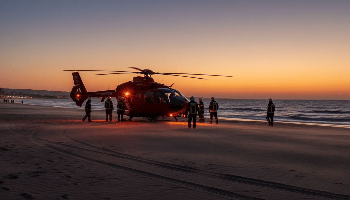 Hélicoptère Dragon 34 posé sur une plage au crépuscule