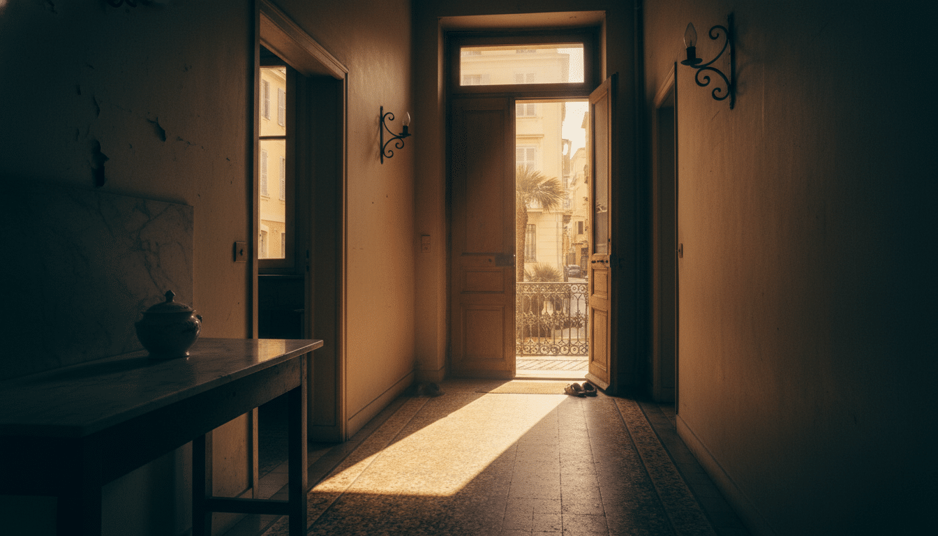 Porte d'appartement entrouverte dans un couloir à Nice