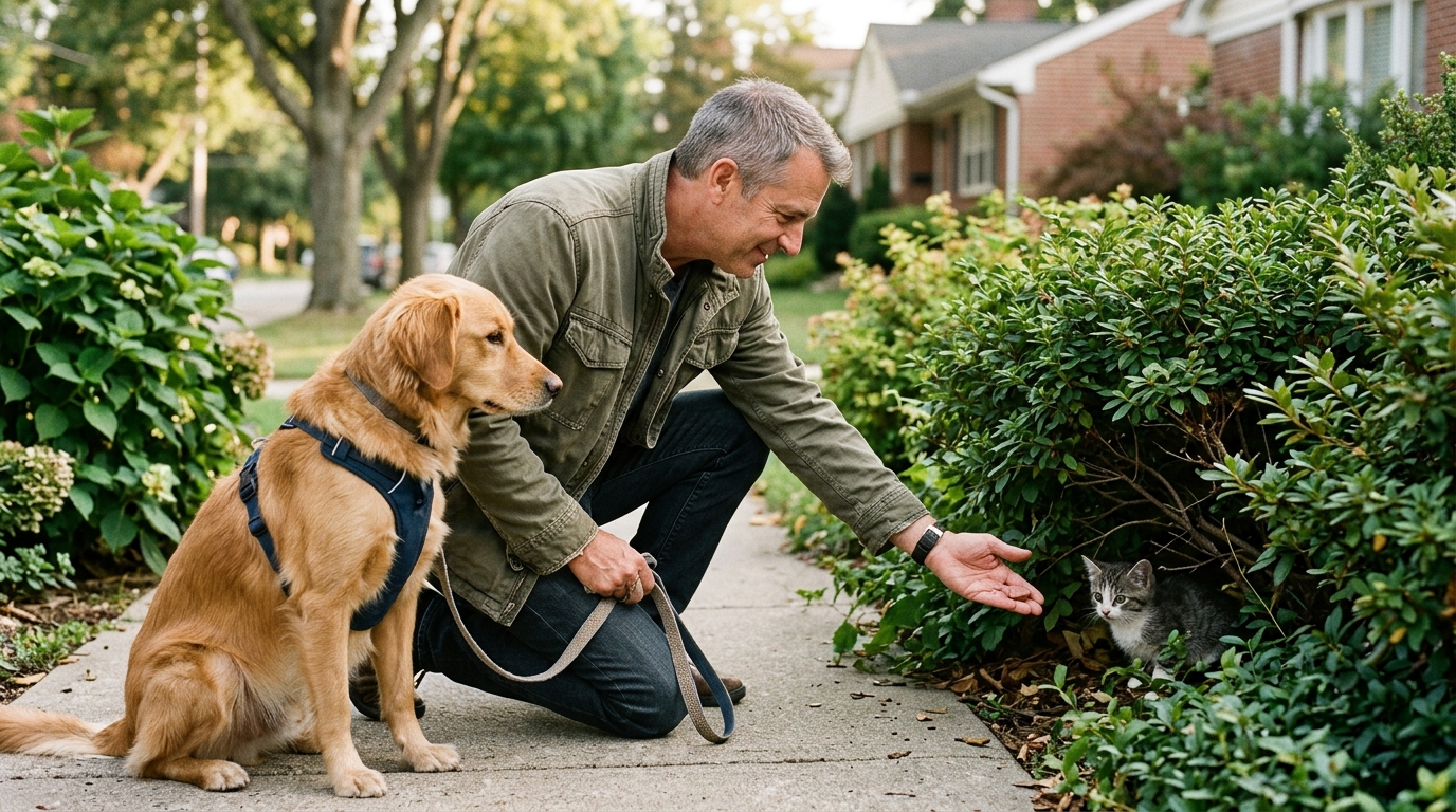Un homme attire un chaton apeuré avec du thon