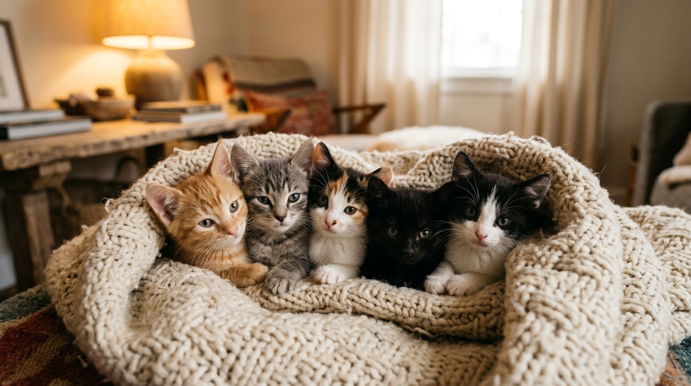 Les cinq chatons sauvés blottis dans une couverture