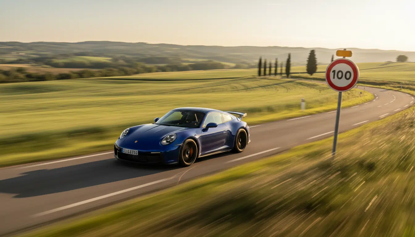 Porsche 911 GT3 bleue roulant à grande vitesse sur une route française