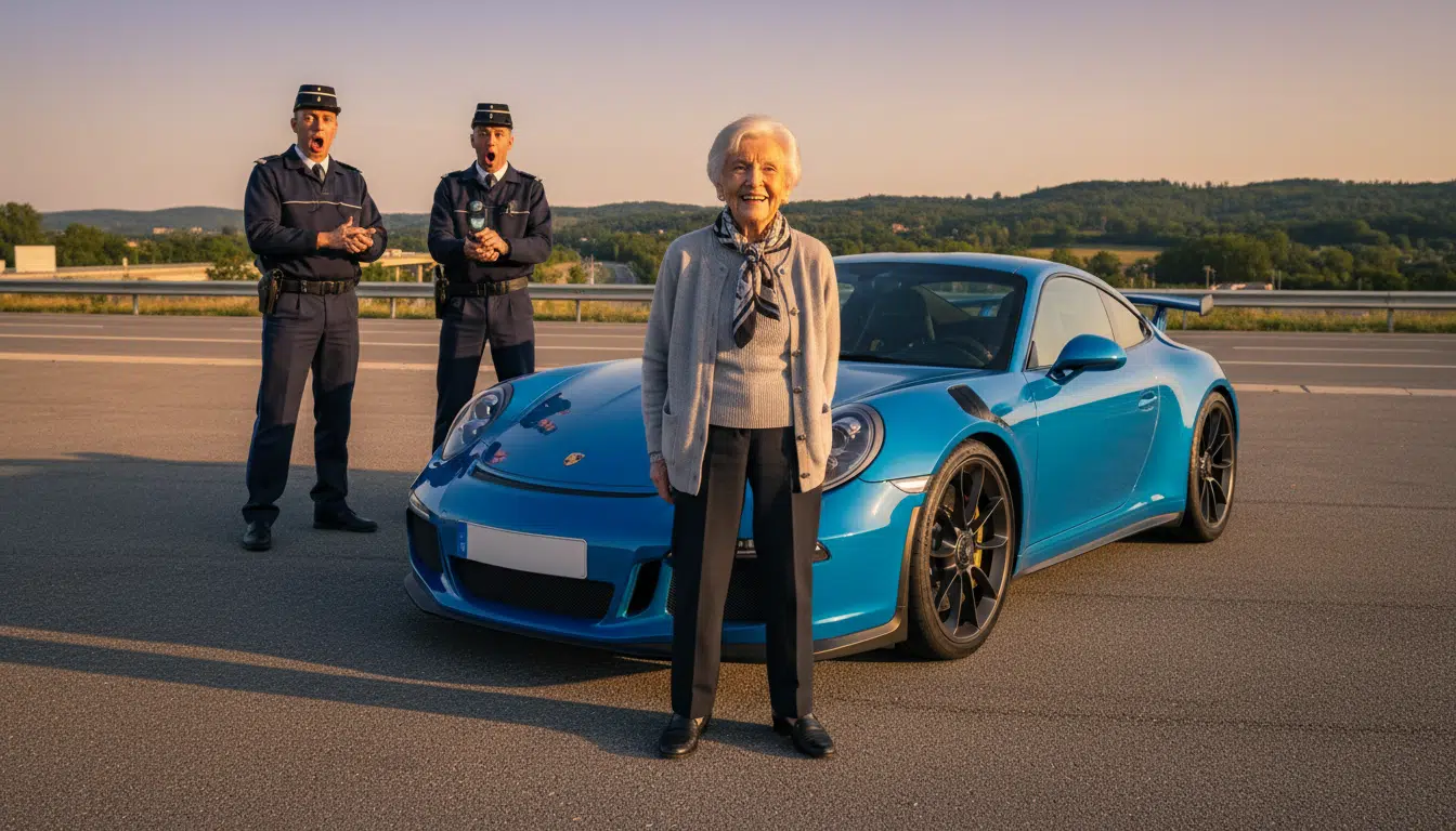Dame âgée souriante à côté de sa Porsche GT3 face aux gendarmes