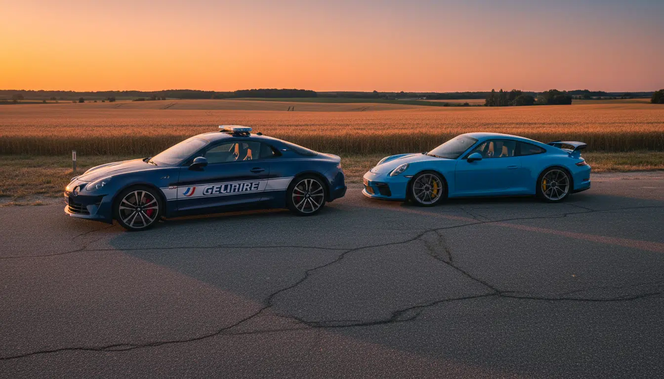 Alpine A110 de gendarmerie derrière une Porsche GT3 sur une aire de repos