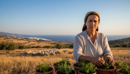 Femme travaillant en extérieur sur une île grecque près de moutons