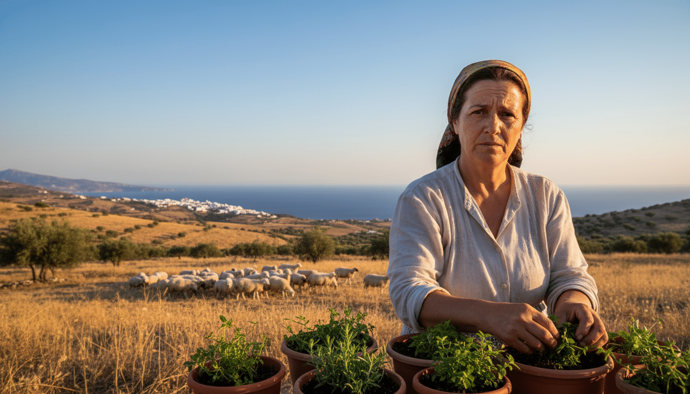 Femme travaillant en extérieur sur une île grecque près de moutons