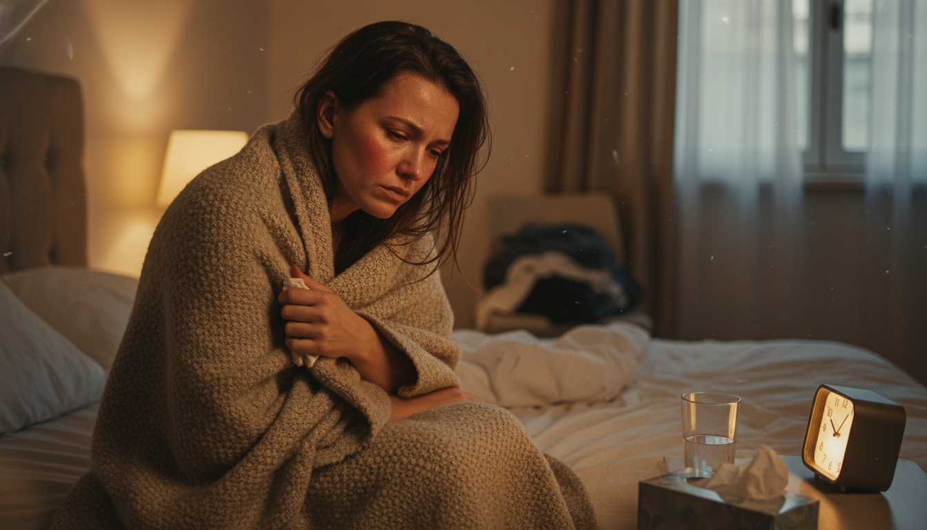 Jeune femme fiévreuse assise sur un lit avec des frissons