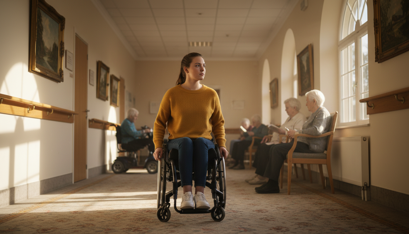 Erica en fauteuil roulant dans un couloir de maison de retraite