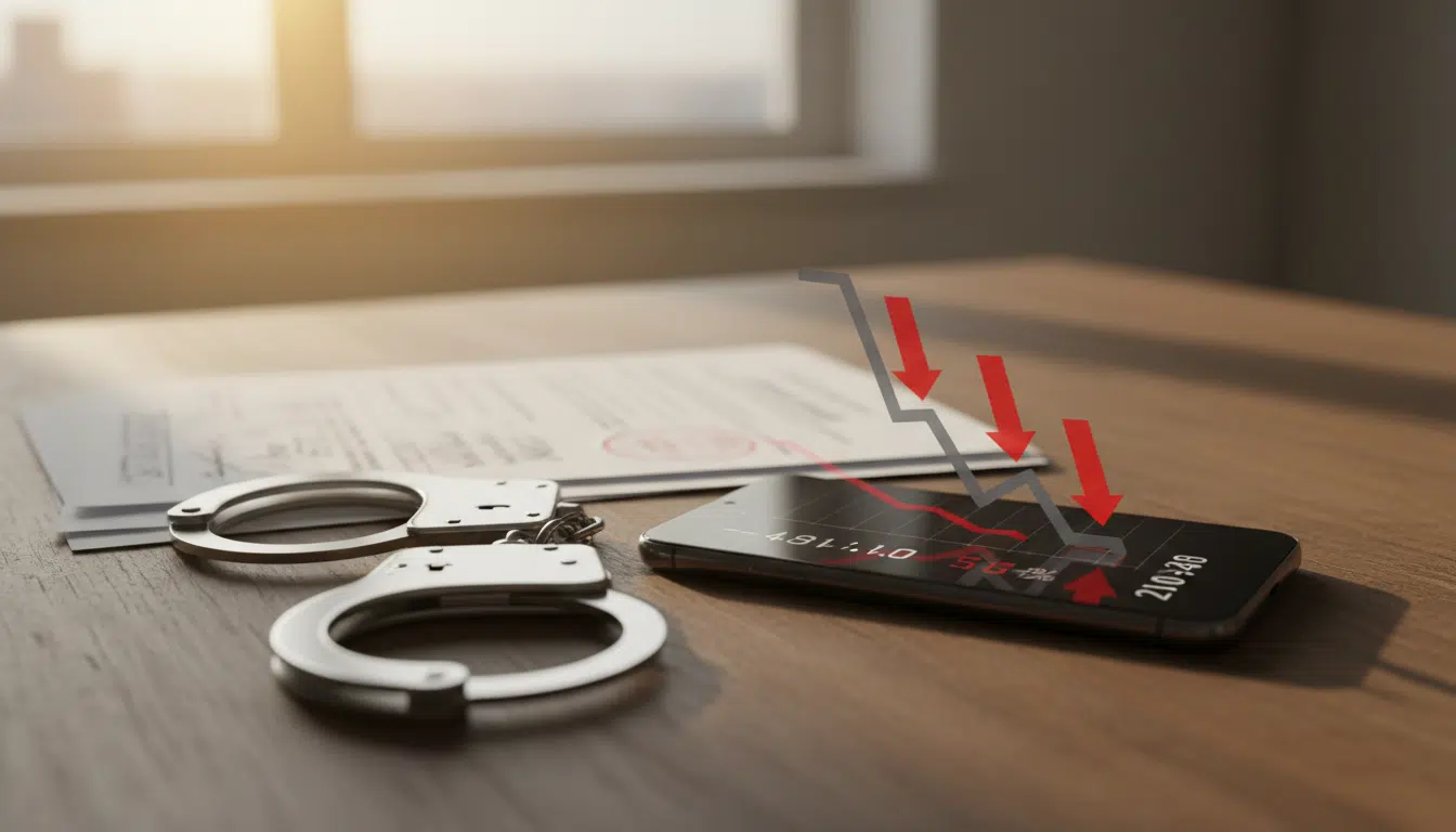 Smartphone affichant une baisse d'abonnés à côté de menottes