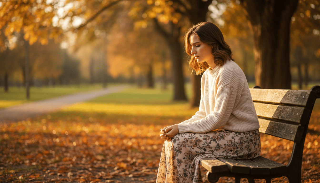 Jeune femme pensive assise seule sur un banc de parc