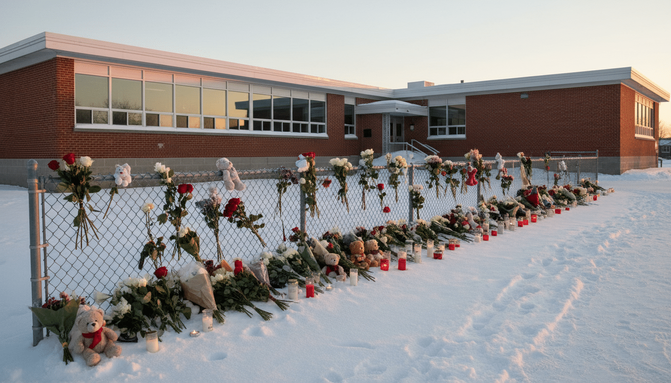 Mémorial de fleurs devant une école secondaire canadienne