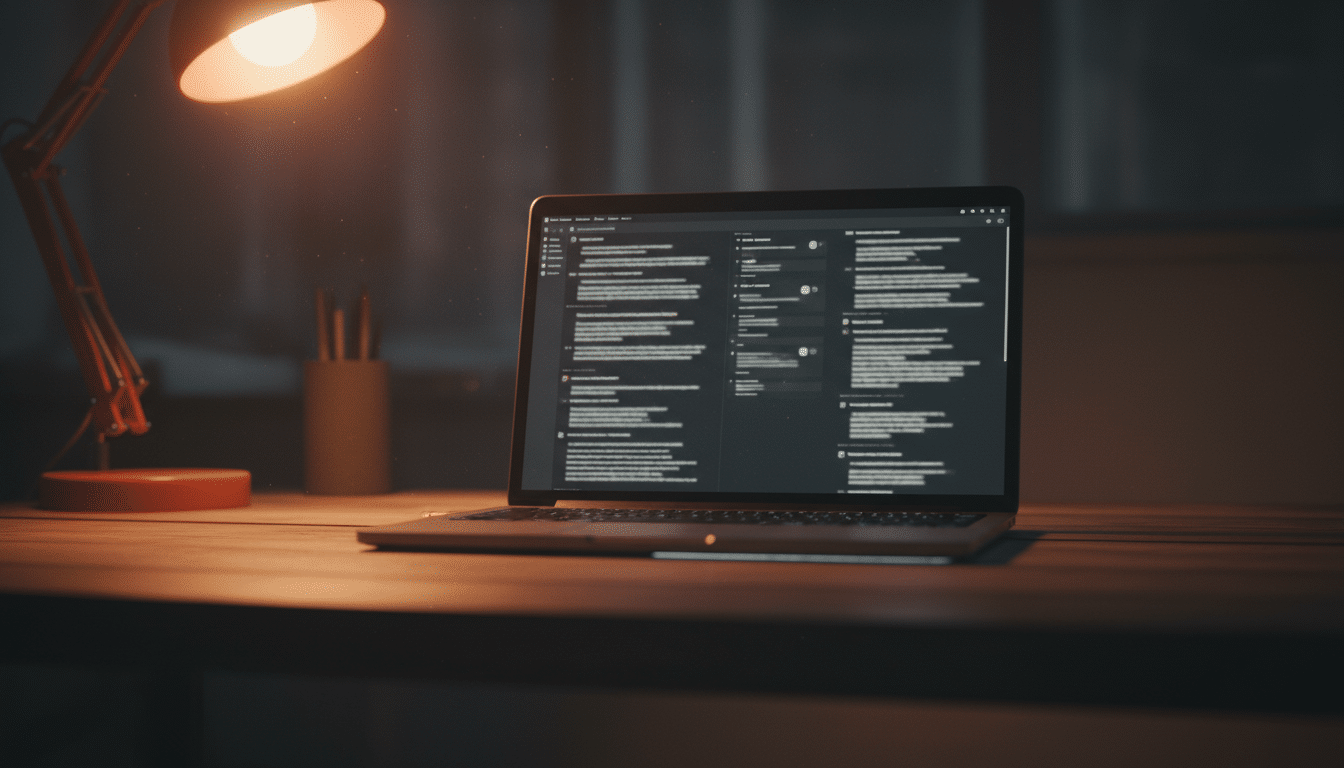 Écran d'ordinateur montrant une interface de chatbot dans la pénombre