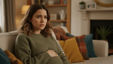 Femme enceinte inquiète assise dans un salon