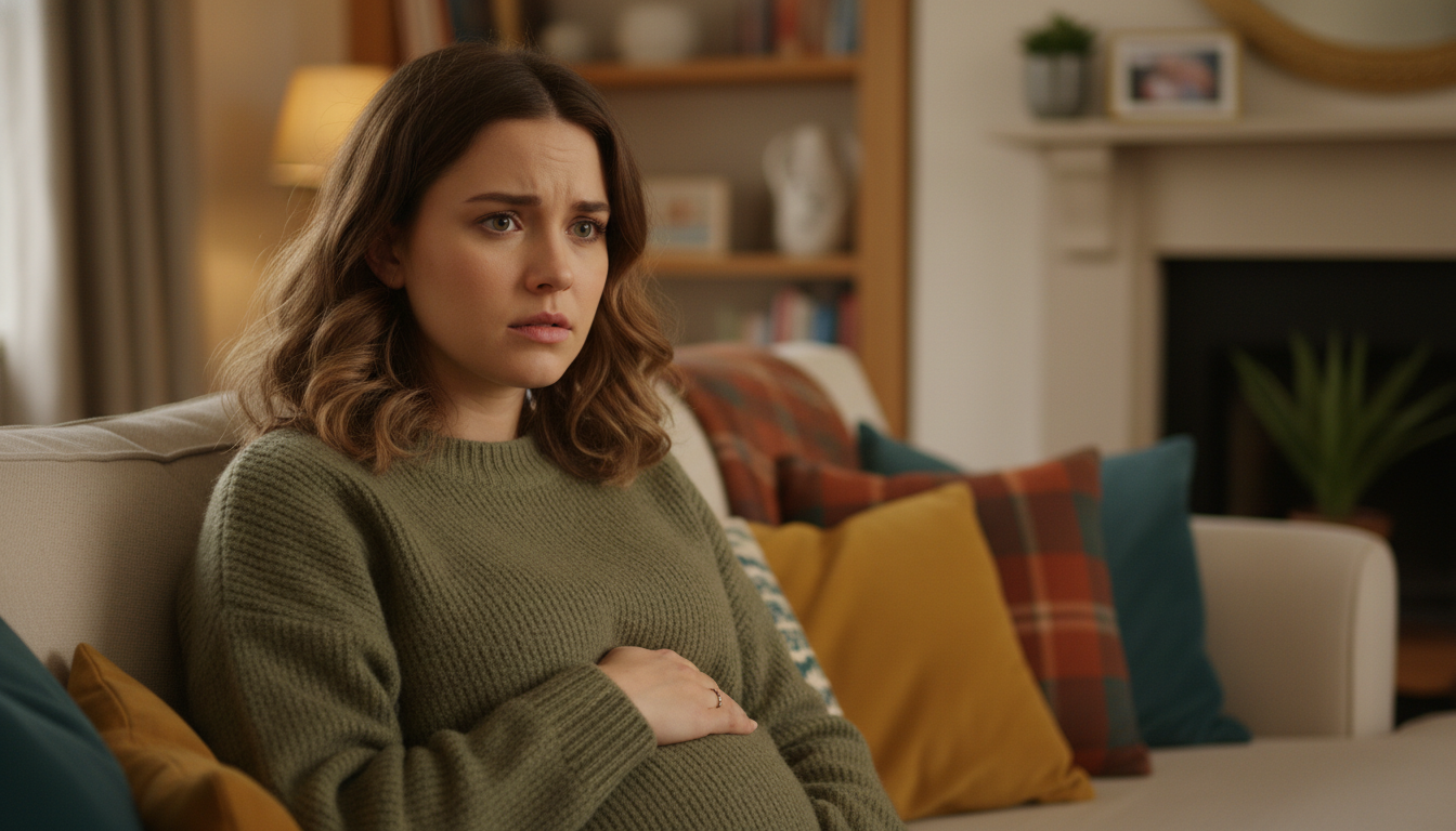 Femme enceinte inquiète assise dans un salon
