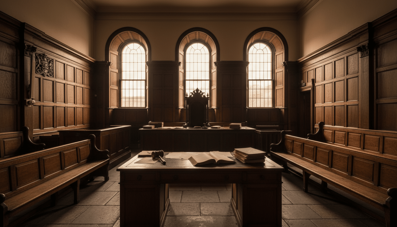 Intérieur d'un tribunal britannique avec documents juridiques