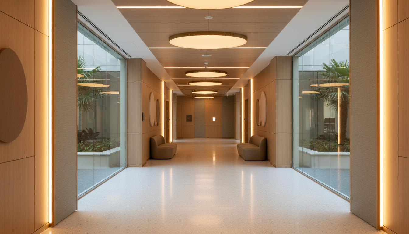 Couloir d'hôpital australien moderne et lumineux, ambiance feutrée