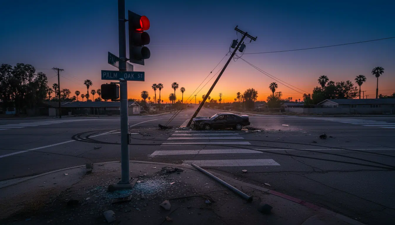 Intersection endommagée au crépuscule avec feu rouge visible et traces de freinage sur l'asphalte, évoquant le lieu de l'accident