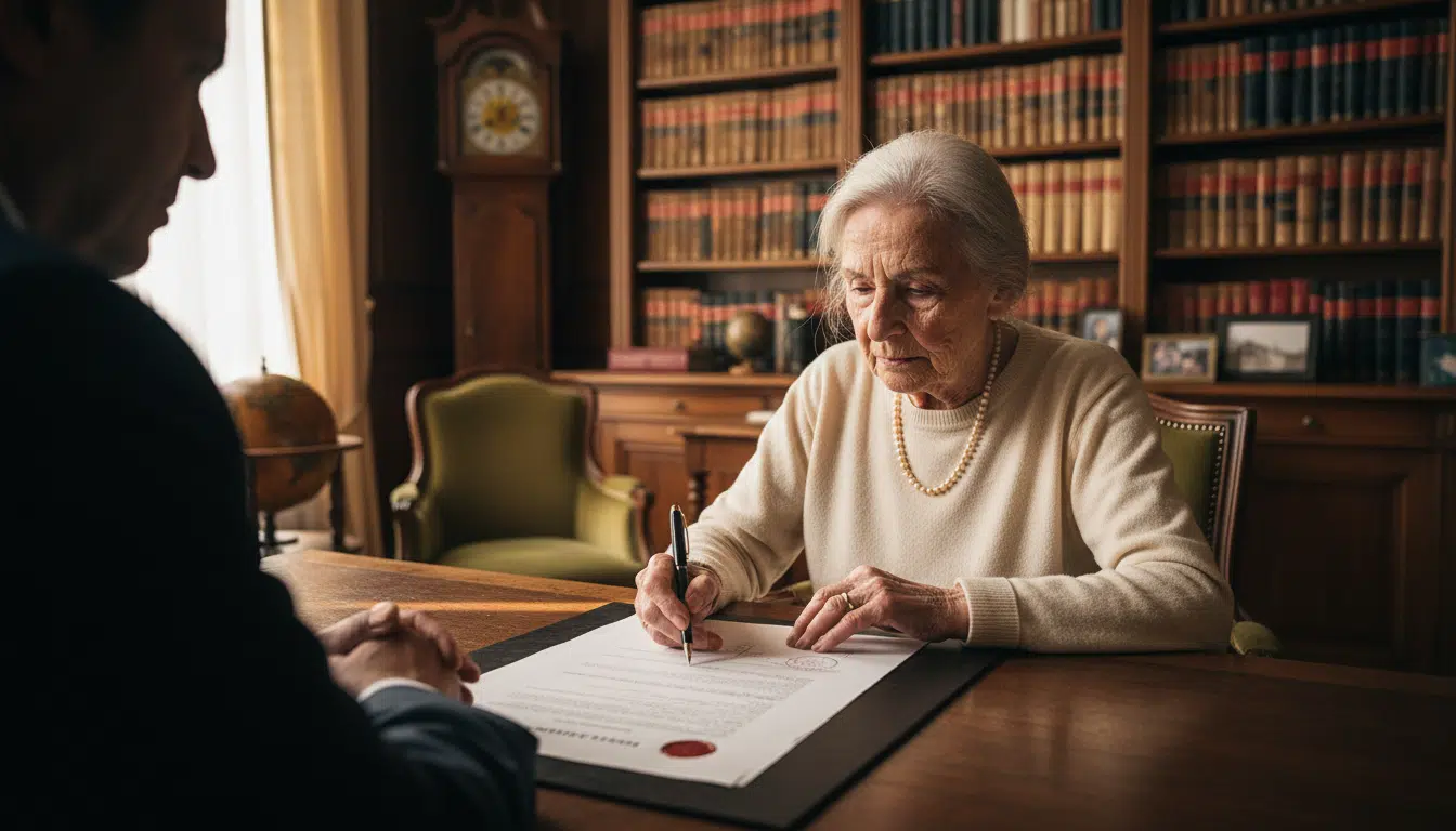 Femme âgée signant un acte de vente chez le notaire