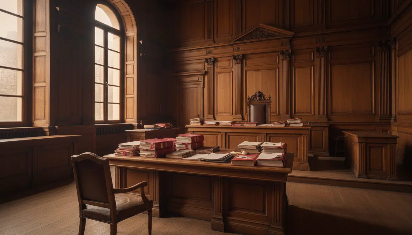 Intérieur d'un tribunal français avec dossiers juridiques
