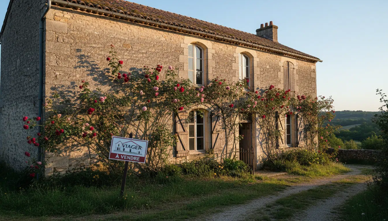 Maison en pierre française avec panneau viager au jardin