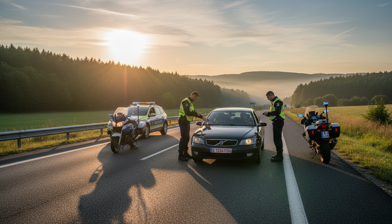Contrôle routier sur une route française au crépuscule