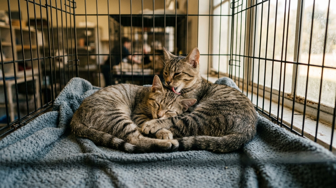 Deux chatons enlacés se toilettant dans un refuge