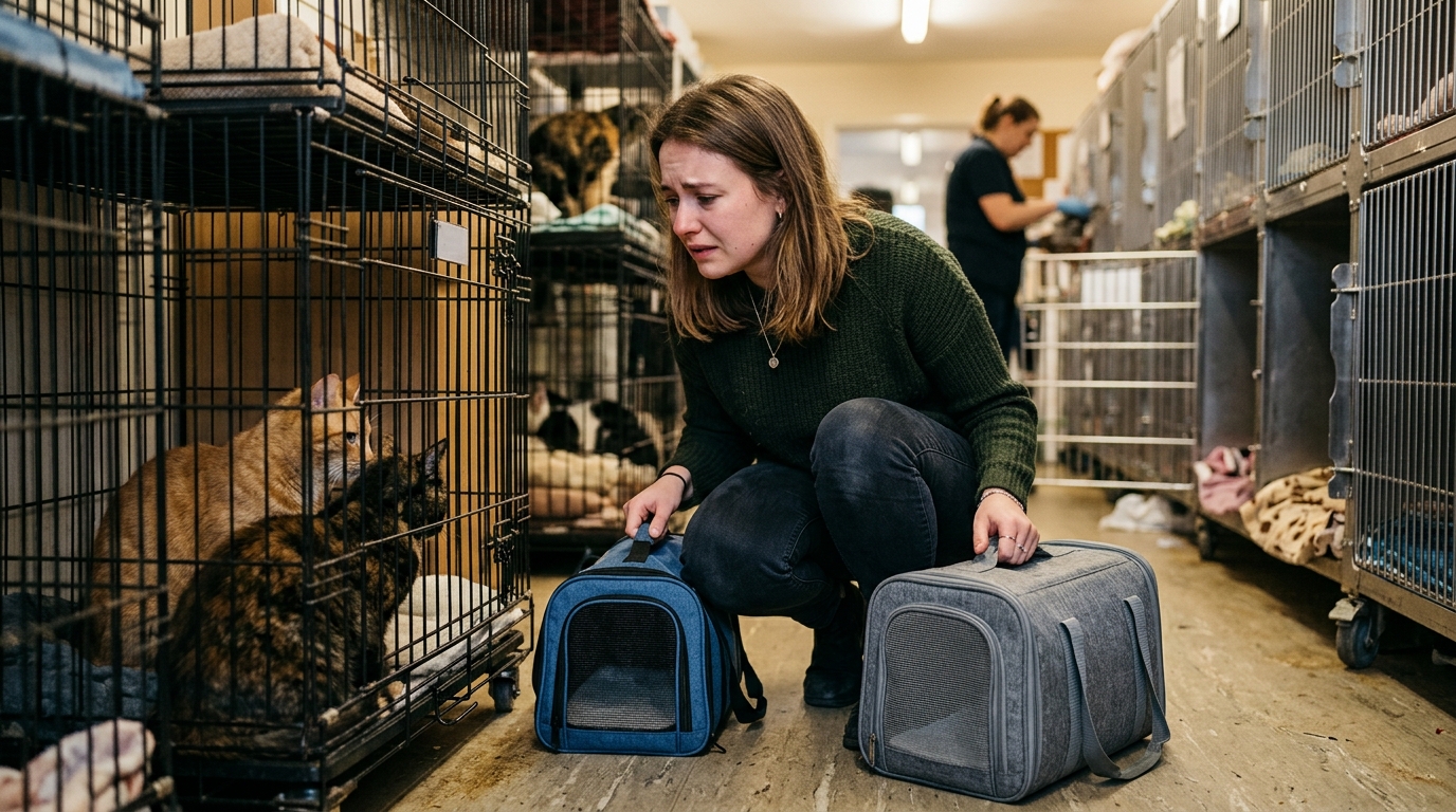 Jeune femme hésitante avec deux transporteurs au refuge