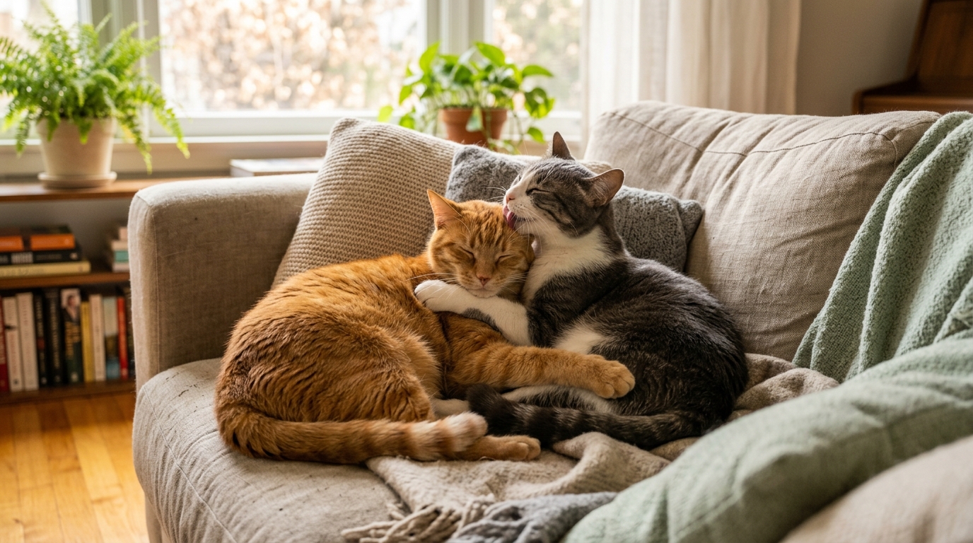 Deux chats adultes toujours inséparables sur un canapé