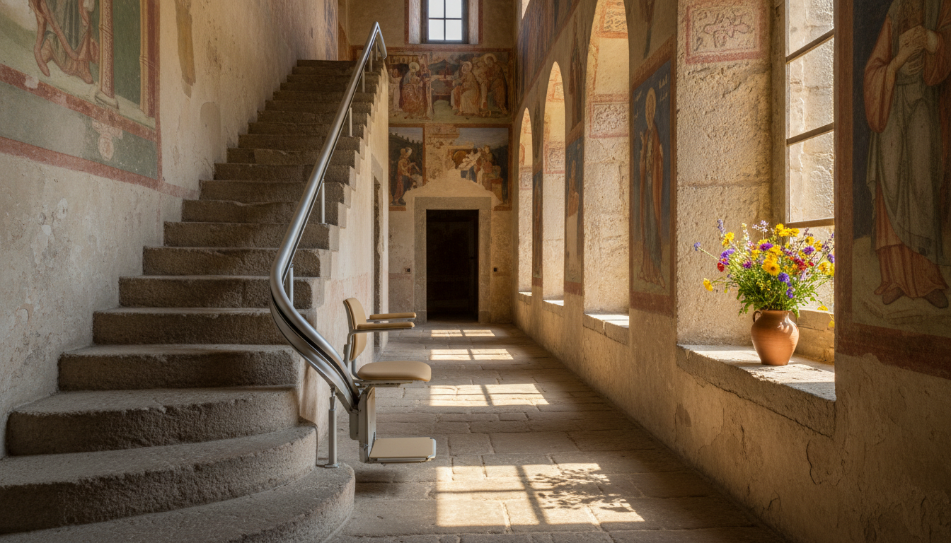 Monte-escalier installé dans un escalier de couvent en pierre