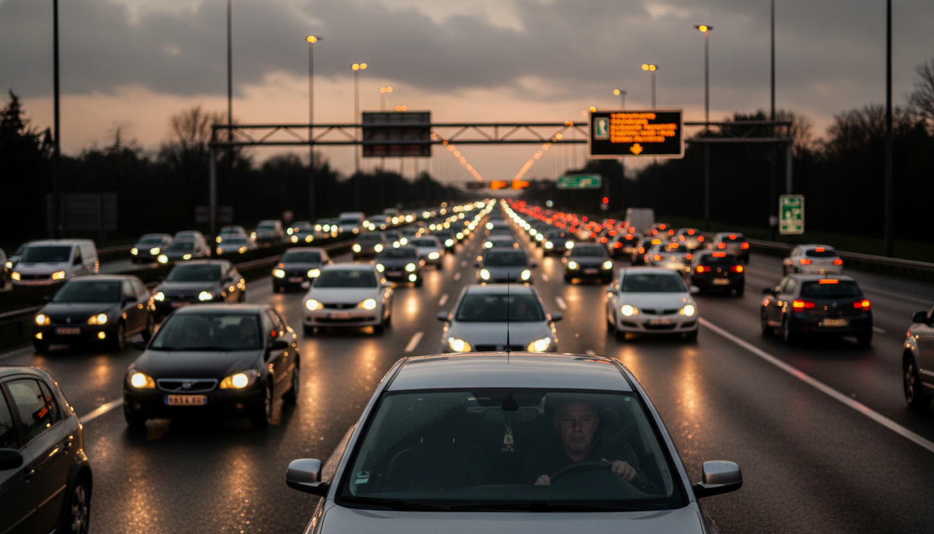 Embouteillage sous la pluie sur autoroute française