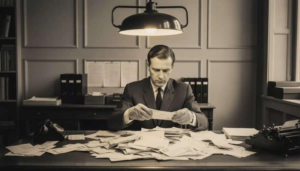 Employé de banque français triant des chèques papier dans les années 1960