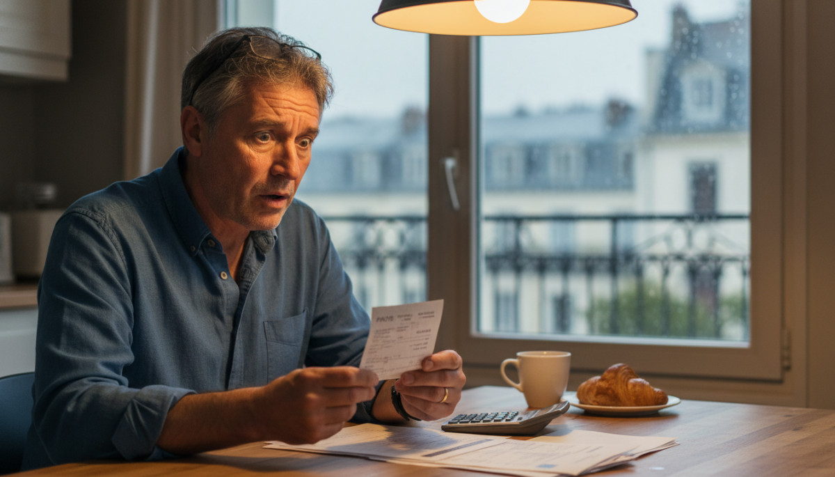 Employé examinant sa fiche de paie et cotisations mutuelle