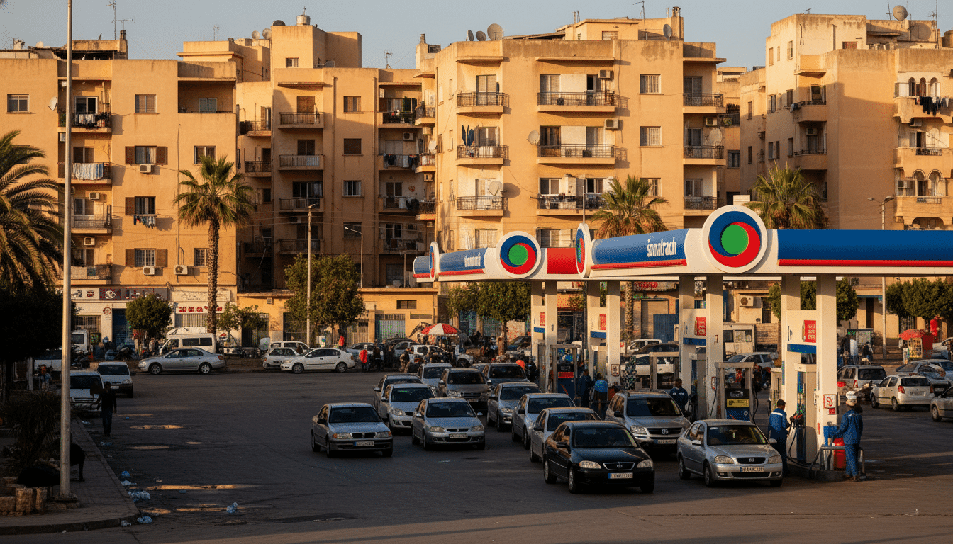 Station-service en Algérie avec des voitures en file
