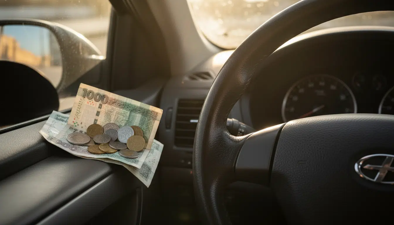 Billets de dinars algériens sur un tableau de bord de voiture