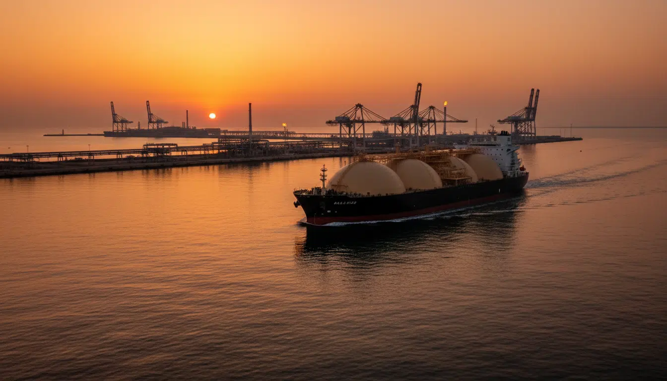 Navire méthanier quittant un port algérien au coucher du soleil