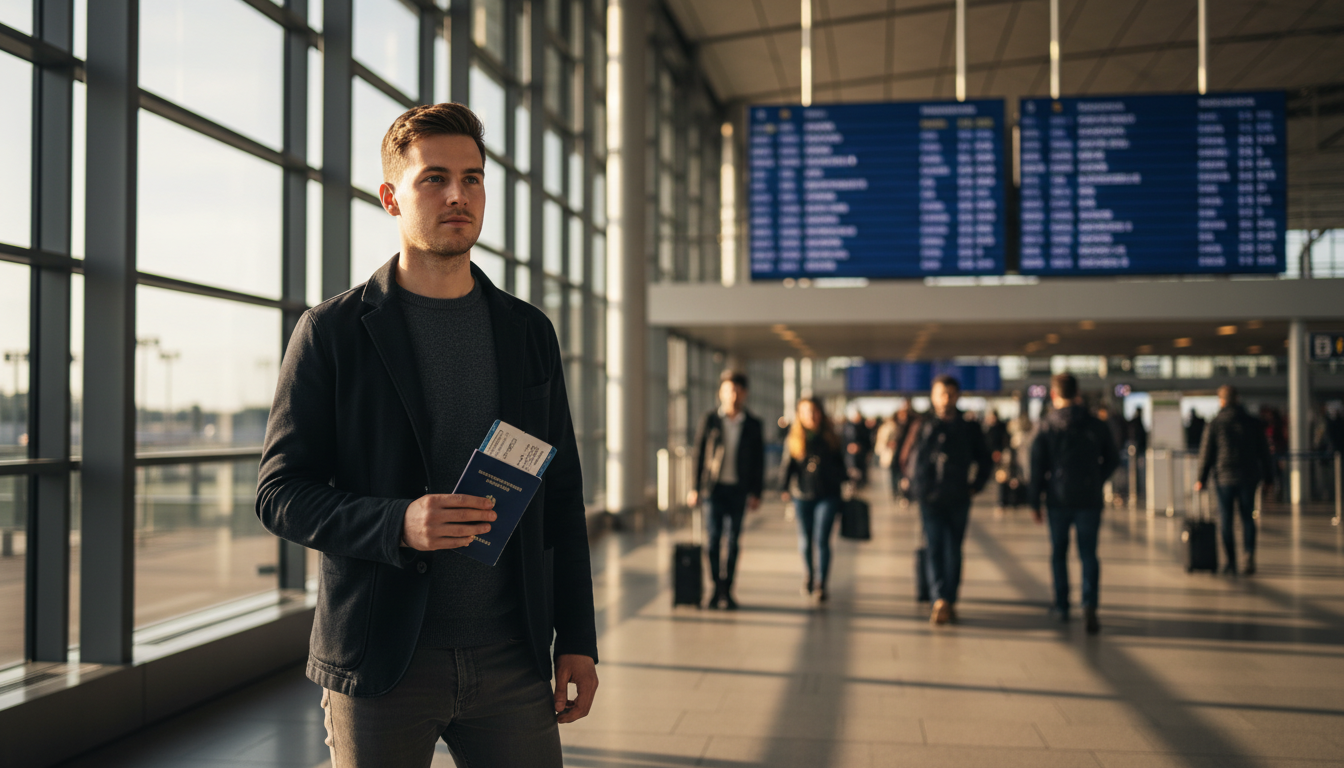 Jeune Allemand à l'aéroport avec passeport et documents