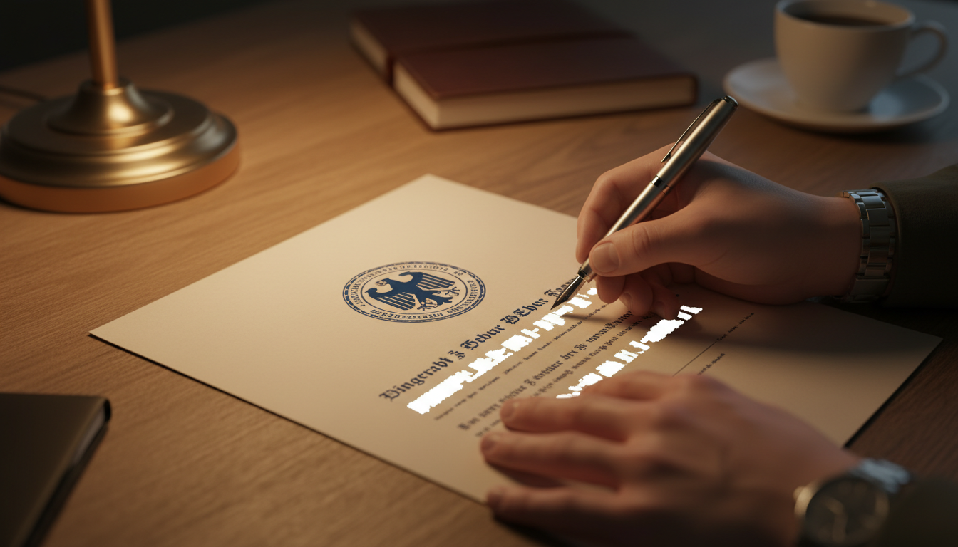 Document militaire allemand avec tampon Bundeswehr sur un bureau