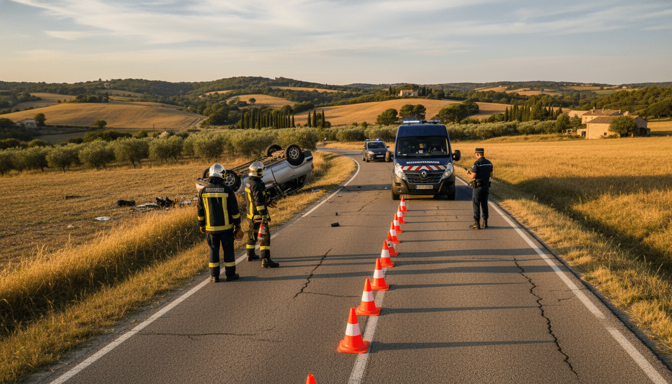 Pompiers et gendarmes sécurisant l'accident routier