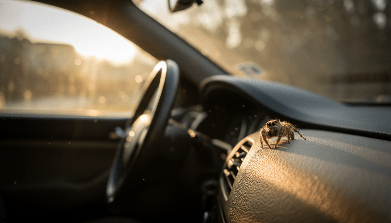 Araignée sur le tableau de bord d'une voiture