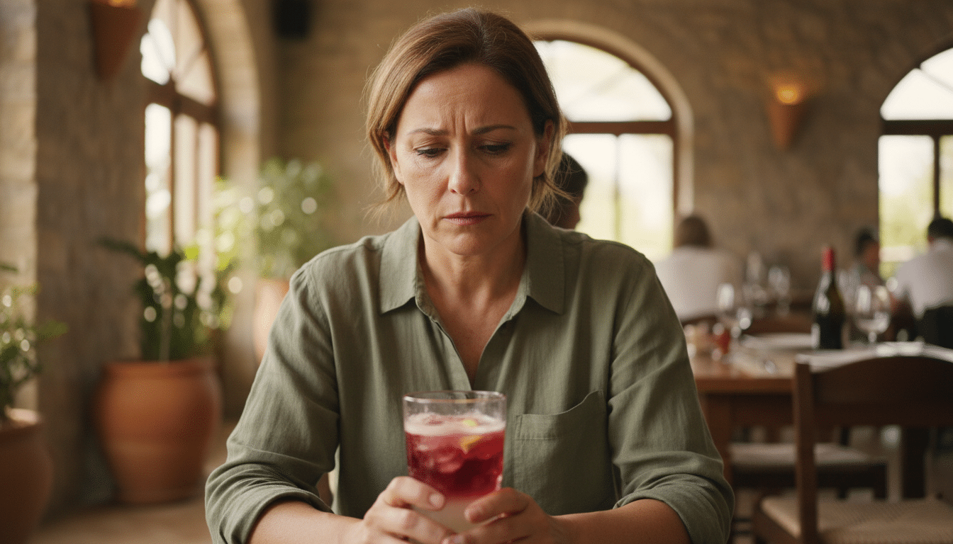 Serveuse espagnole inquiète avec un verre de tinto de verano